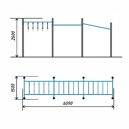 Рукоход с изменением высоты и возможностью использования дополнительных аксессуаров (подвижные кольца) длиной 6 м, со вспомогательными рукоятками - для инвалидов и лиц с ограниченными возможностями здоровья тр.ду.108 фото 2